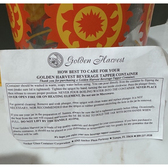 VTG Anchor Hocking Sun Tea Gallon Glass Jar 70's Jug Dispenser Yellow Sunny Daze - Picture 8 of 8